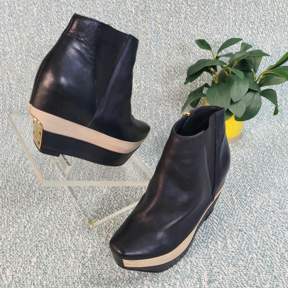 Miista Platform Ankle Booties, Black and Cream Leather, Womens Sz EU36